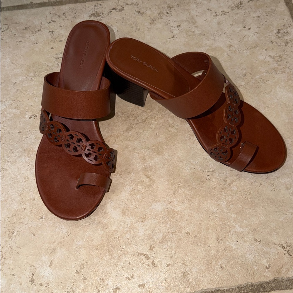 Tory Burch Brown Leather Slide Sandals with Logo Cutout